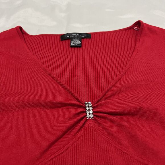 Silx by August Silk Sweater Red Silk Blend Stretch Ribbed Crystal Rhinestone XL - Picture 2 of 6
